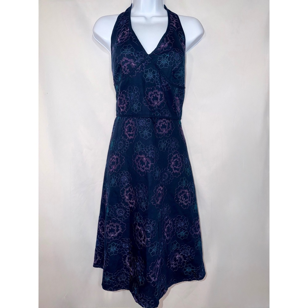 Amanda Smith Petite Vintage Y2K Navy Floral Embroidered Halter Dress 10P Cotton - Picture 2 of 8
